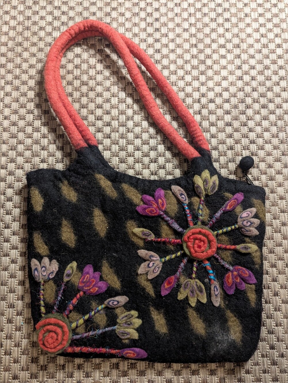 Rising Tide 100% Wool Colorful Flower Black Shoulder Bag Purse Eclectic Nepal
